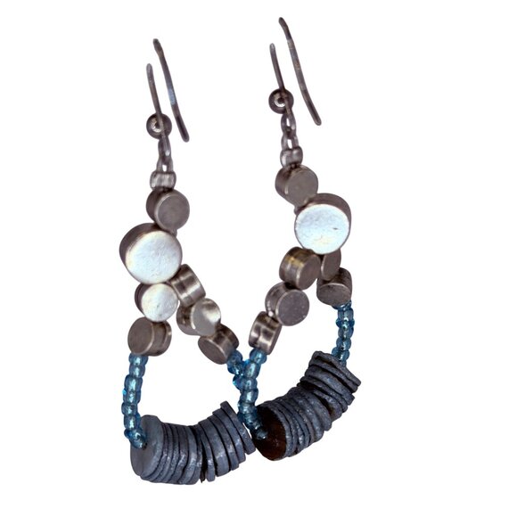 Vintage 1990s Chico’s Silver Teardrop Blue Beaded Dangle Earrings Mixed Metal - Picture 5 of 9